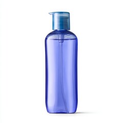 Clear blue plastic pump bottle filled with liquid product isolated on a white background