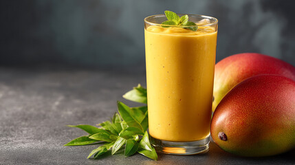 A tall glass of mango smoothie with mint garnish next to fresh mangoes on a dark surface setting