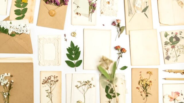 Vintage floral arrangement on aged paper and envelopes