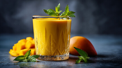 A vibrant mango smoothie in a glass garnished with mint leaves alongside fresh mango pieces on table