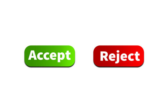 Green ACCEPT Button and Red REJECT Button Setting toggle design element for mobile app interface, web. Isolated on Transparent Cutout PNG