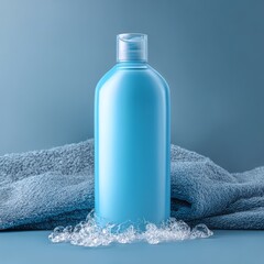 A sleek blue bottle of cosmetic product sits on a textured fabric with ice shards and water droplets