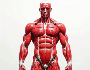 Detailed anatomical illustration of the human male muscular system, a scientific 3D rendering of body muscles on a white background