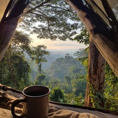 Cozy morning view from inside a tent overlooking a lush green forest valley at sunrise