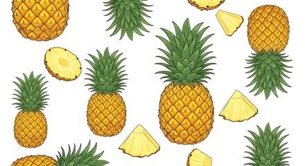 Vibrant Pineapple Pattern - Tropical Fruit Design on White Background.
