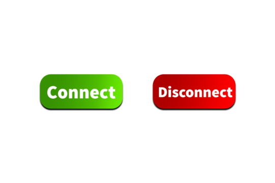 Green CONNECT Button and Red DISCONNECT Button Setting toggle design element for mobile app interface, web. Isolated on Transparent Cutout PNG