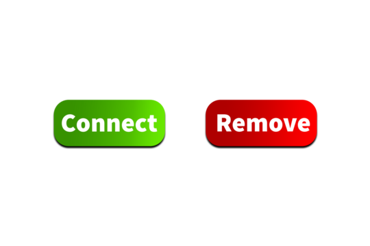 Green CONNECT Button and Red REMOVE Button Setting toggle design element for mobile app interface, web. Isolated on Transparent Cutout PNG