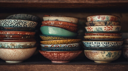 Rustic collection of handcrafted ceramic bowls stacked on a wooden shelf