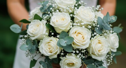 A bouquet of white roses with eucalyptus leaves and babys breath