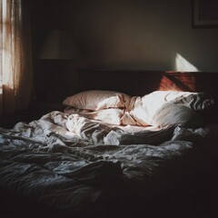 Cozy bedroom scene with soft light streaming through a window onto a rumpled bed with pillows