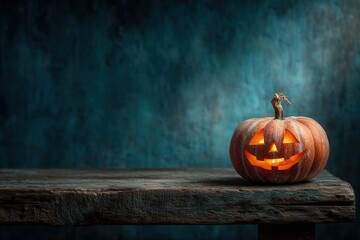 Glowing Jack-O'-Lantern on Rustic Wood Table