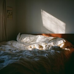 Cozy unmade bed with soft morning sunlight streaming across white linens and wooden headboard