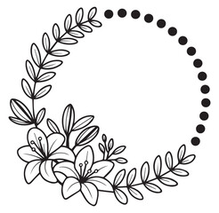 Black and white floral wreath with leaves and dots