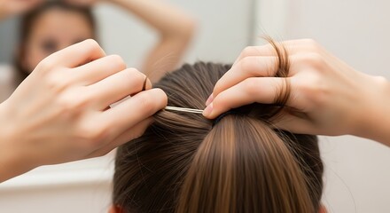 Naklejka premium Hairdresser Performing Hair Extension in Salon with Focused Hands and Brown Hair