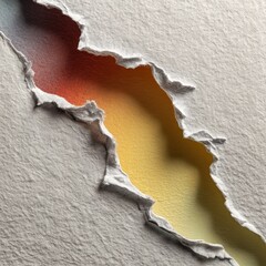 A rough tear in textured paper reveals a vibrant gradient of warm colors symbolizing discovery and hidden depths