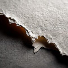 Close up macro shot of rough textured torn paper with frayed edges casting a shadow