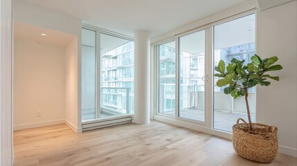 Obraz premium Bright Modern Condo Interior with Hardwood Flooring, Large Windows, and Minimalist Design Elements for Real Estate Marketing