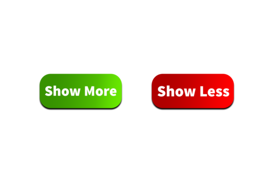 Green SHOW MORE Button and Red SHOW LESS Button Setting toggle design element for mobile app interface, web. Isolated on Transparent Cutout PNG