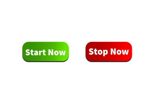 Green START NOW Button and Red STOP NOW Button Setting toggle design element for mobile app interface, web. Isolated on Transparent Cutout PNG