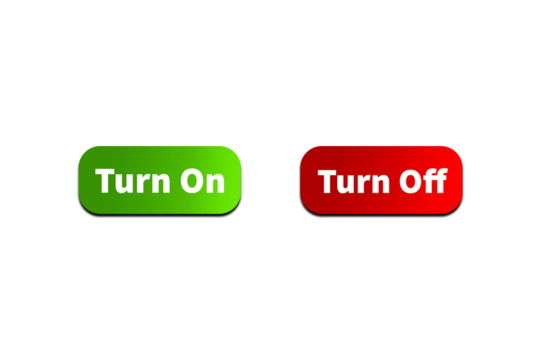 Green TURN ON Button and Red TURN OFF Button Setting toggle design element for mobile app interface, web. Isolated on Transparent Cutout PNG