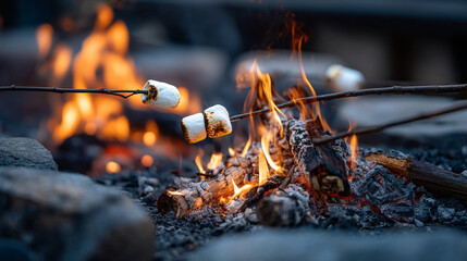 Marshmallows roasting over a bright campfire with visible flames and glowing embers at dusk time