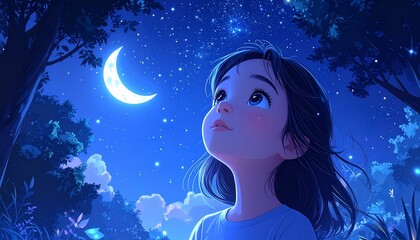 Young girl in forest, looking up at starry night with glowing moon. Wonder and dreams.