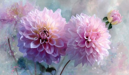 Delicate pink dahlias in soft focus, painted backdrop