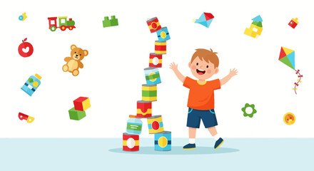 Fototapeta premium Joyful Young Boy Playing Excitingly with Stacking Cans and Colorful Toys