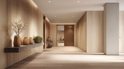 Obraz na płótnie Canvas Modern Home Interior with Wood Paneling, Vases, and Plants for Contemporary Living Design