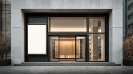 Modern Building Entrance with Glass Doors and Blank Billboard Mockup, Ideal for Commercial Advertising