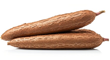Close-up of two brown cacao pods stacked on a white background