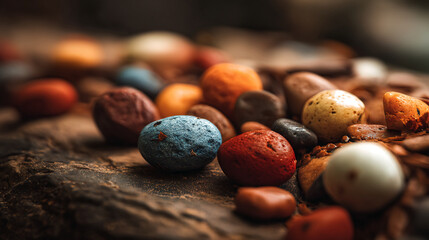 A close up shot of colorful pebbles scattered on a dark textured surface with shallow depth of field