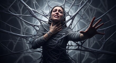 Woman trapped in a web of fear and despair, reaching out.