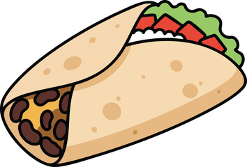 A cartoon illustration of a delicious burrito filled with beans, cheese, lettuce, and tomatoes, wrapped in a tortilla. (Created Using Generative AI Tools)
