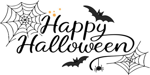 Fototapeta premium Halloween vector illustration, Stylish Happy Halloween calligraphy with glowing cobwebs and bats overlay clipart.