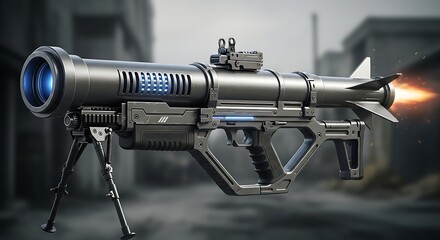 Futuristic Rocket Launcher with Advanced Targeting System and Bipod.