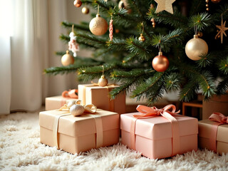 Christmas presents wrapped in elegant paper and ribbons lie under a beautifully decorated Christmas tree adorned with sparkling ornaments, creating a festive and joyful scene.