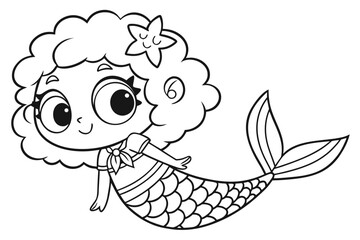 Cute cartoon mermaid with curly hair and a starfish accessory