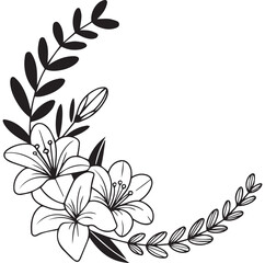 Black and white floral wreath with lilies and leaves