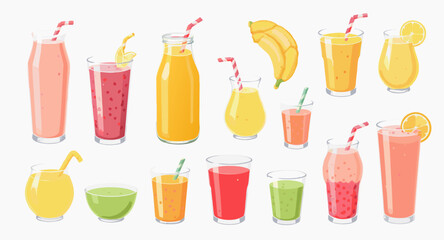Vector illustration set of various fruit smoothies and juices on a white background.