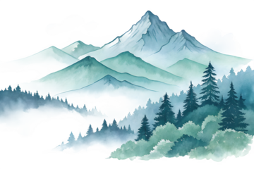 Misty mountain landscape with evergreen forest and snow capped peaks