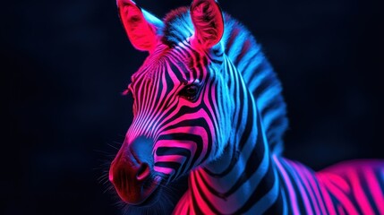 Vibrant zebra portrait, illuminated with pink and blue neon light against a dark background