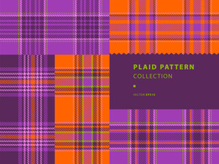 Plaid seamless patterns, tartan collection, set with purple and orange