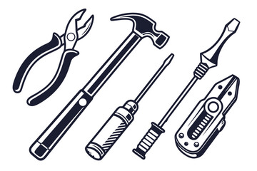 Collection of hand tools including pliers hammer and screwdrivers