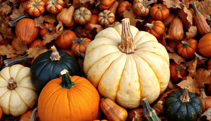 Pumpkins of different shapes and sizes lie on autumn leaves