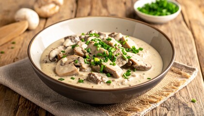 Delicious creamy mushroom and pork tenderloin dish with chives on rustic wood.