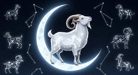 Zodiac Sign Aries, Goat, Moon, Stars, Celestial.