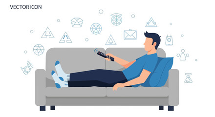 Man relaxing on the couch with the remote control in hand watching tv or movies
