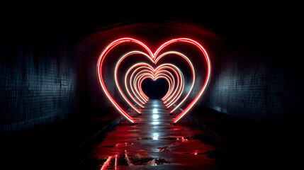 A tunnel of glowing red heart shapes diminishing into the distance with a reflective floor surface