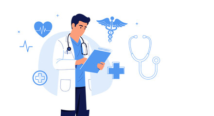 Illustrative representation of a doctor examining medical reports and symbols on background